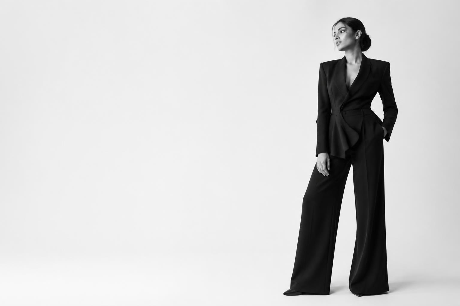 Editorial fashion model in a tailored black suit